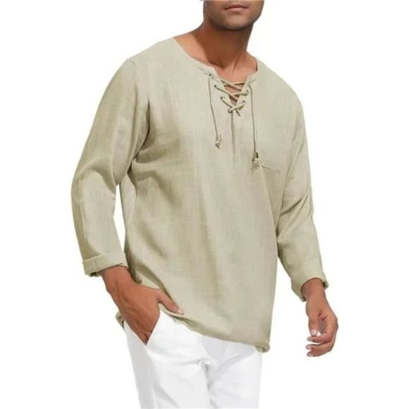 New Men's Long Sleeve Linen Tee, Kaki - Picture 5 of 8